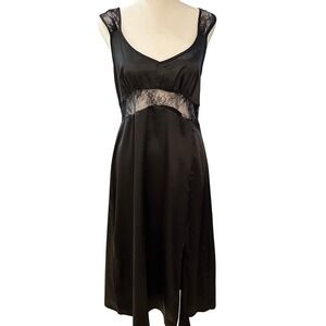 Black Satin‎ Lace Trim Midi Slip Dress Lingerie Party Cocktail Evening Prom M